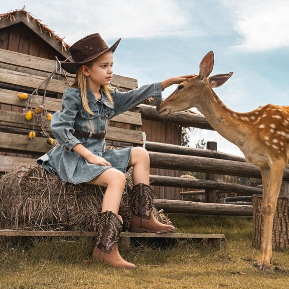⚡Kid Brown/Tan Synthetic Cowboy Western Riding Shoes Square Toe Wide Calf Boot - Picture 7 of 8